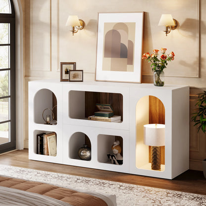 MonoWood 59" White Console Table, Modern Entryway Table, Wooden Storage Organizer Entrance Table with 6 Compartments