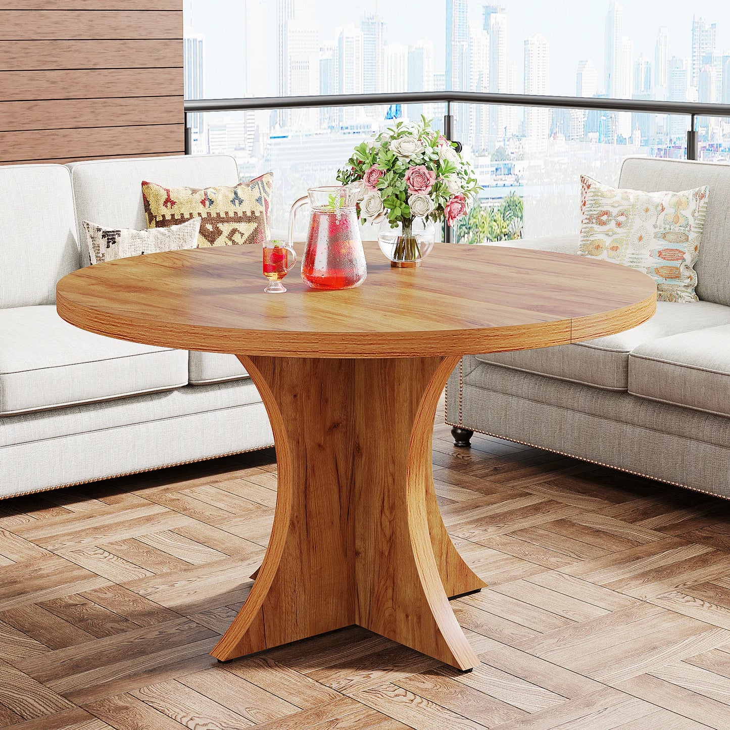 MonoWood Round Dining Table for 4-6, 47.24-Inch Farmhouse Kitchen Table, Wood Dining Table with Pedestal Base,  Dinner Table