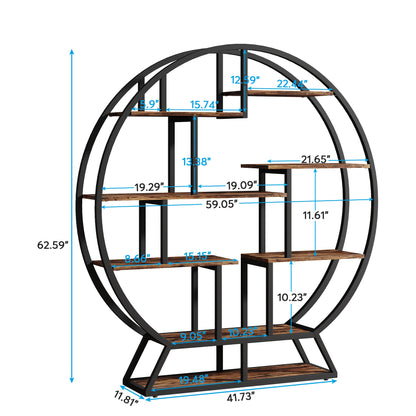MonoWood Bookshelf, Round Bookshelves Etagere Bookcase, 63-Inch Industrial Wood Book Shelf with Staggered Shelves