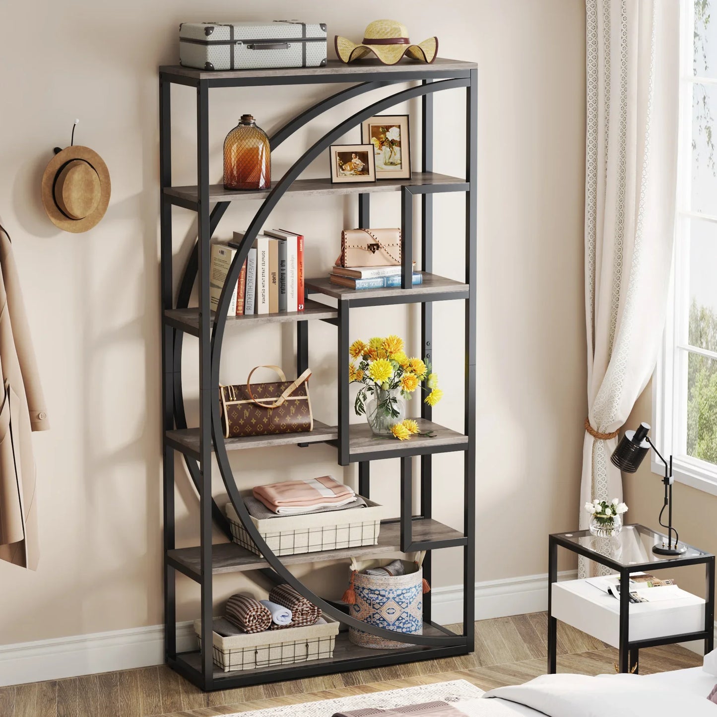 MonoWood Bookshelf, Industrial 5-Tier Etagere Bookcase, 70.8 inch Tall Bookshelf with 8 Open Storage Shelf, Vintage Grey