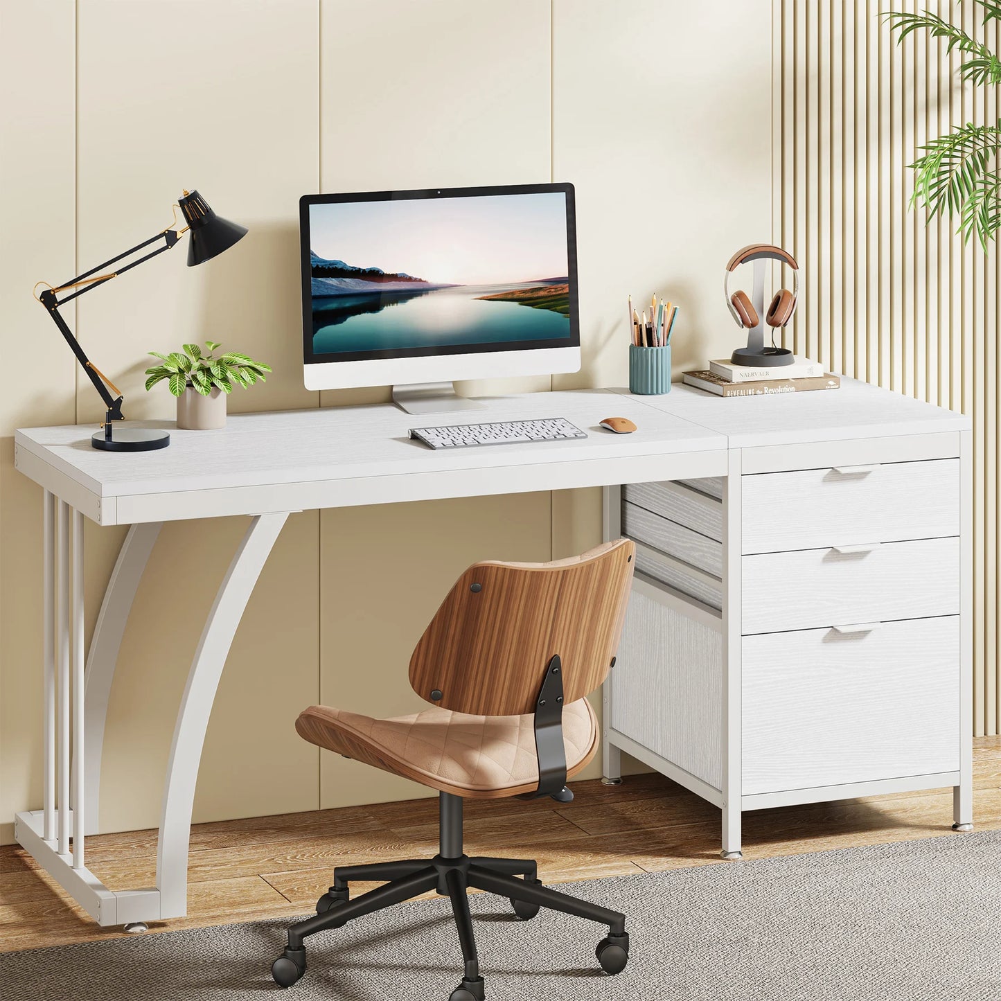 MonoWood Computer Desk with 3 Drawers, 59-Inch PC Desk with Reversible Drawers, Industrial Study Writing Table Workstation