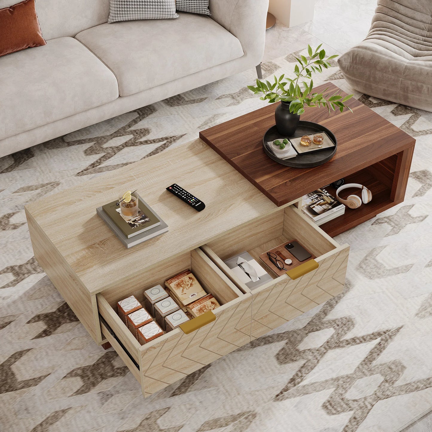 MonoWood Extendable Coffee Table, 42"-65" Length Adjustable Reversible Wood Coffee Table with 2 Storage Drawers