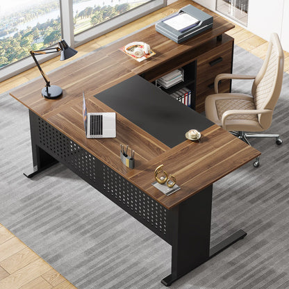 MonoWood 63 Inch Executive Desk with File Cabinet, Large Office Desk L Shaped Computer Desk with Drawers and Storage Shelves