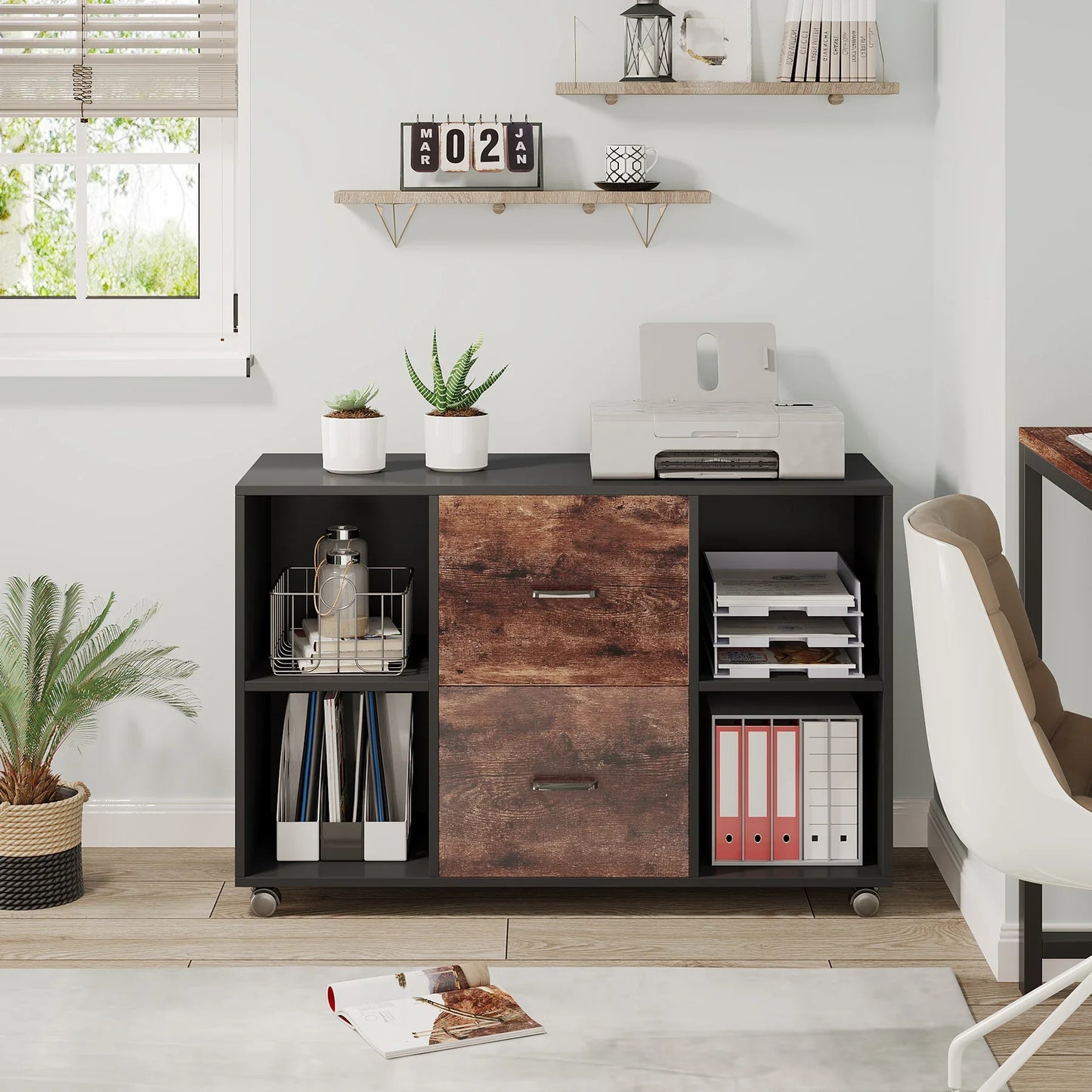 MonoWood 2 Drawer Wooden File Cabinet Large Mobile Lateral Filing Cabinet Printer Stand with Shelves and Rolling Wheels