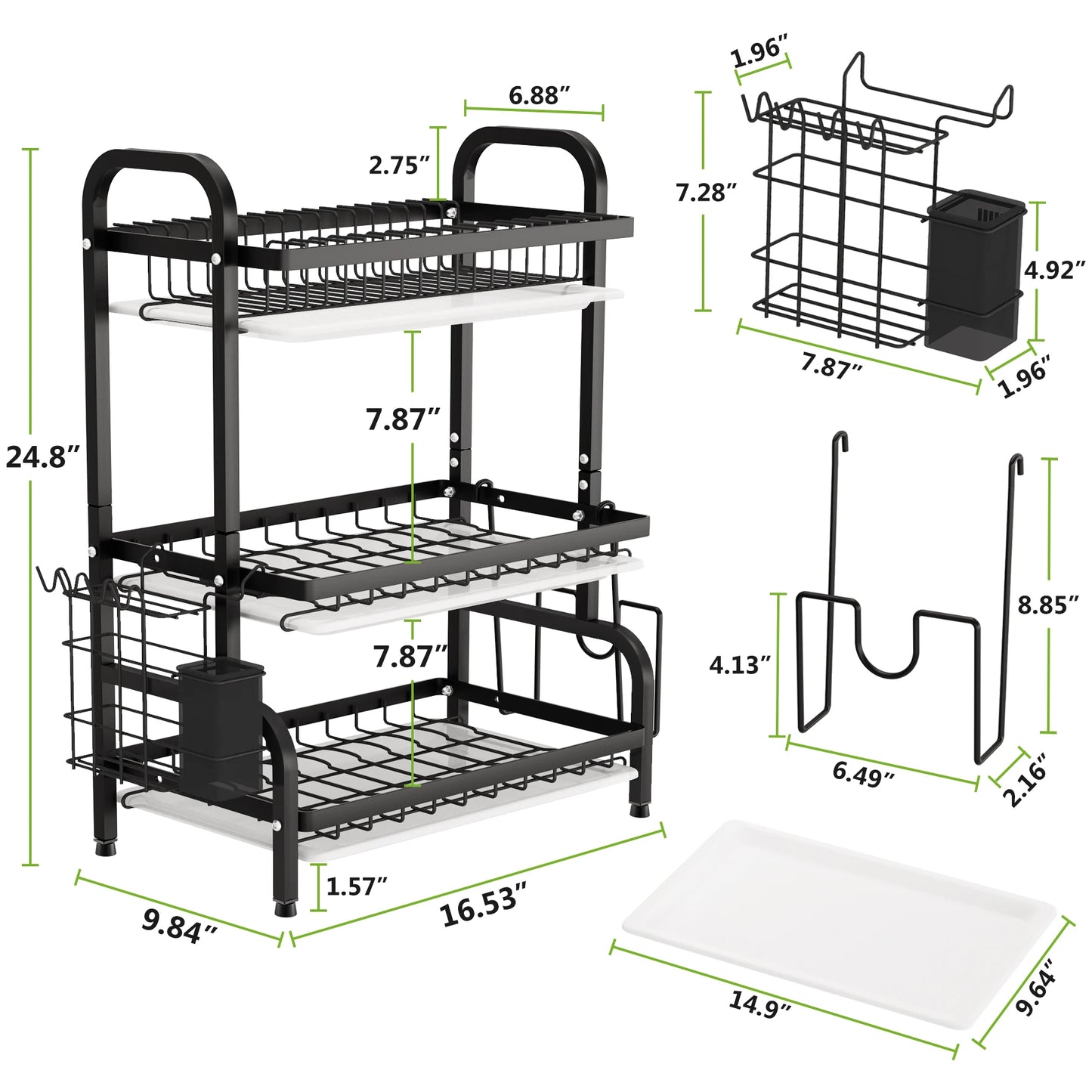 Drying Rack, Metal 3-Tier Large Capacity Dish Rack with Utensil Holder, Cutting Board Holder, Drain Board Tray for Kitchen