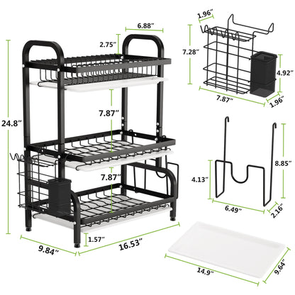 Drying Rack, Metal 3-Tier Large Capacity Dish Rack with Utensil Holder, Cutting Board Holder, Drain Board Tray for Kitchen