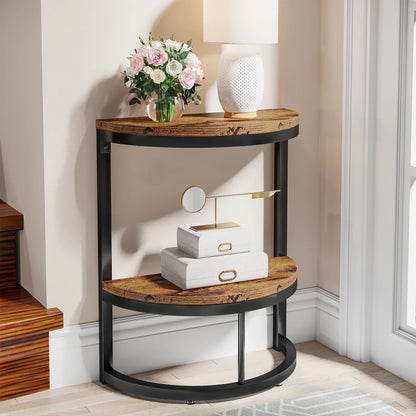 MonoWood End Table Semi Circle, Small Half Round Side Table with Storage Shelf, Accent Table Slim C Table for Sofa Couch