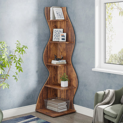 MonoWood Corner Shelf, Rustic 5-Tier Wall Corner Bookshelf, Stylish Corner Small Bookcase Storage Rack Plant Stand with Unique