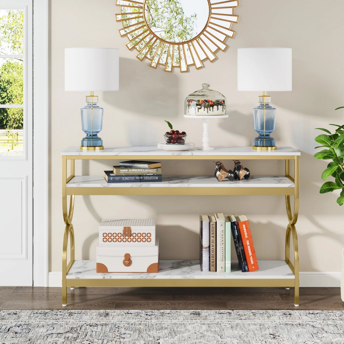 MonoWood 3-Tier Console Table, 55 inch Sofa Table with Open Storage Shelves, Narrow Long Hallway/Entryway Table