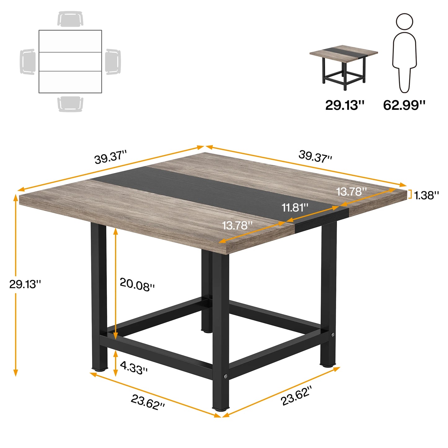 MonoWood Square Dining Table for 4 People, Farmhouse Wooden Kitchen Table, 2 Person Dinning Table for Dining Room