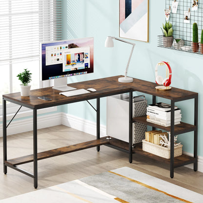 MonoWood L Shaped Desk with Storage Shelves, Reversible Computer Desk Gaming Desk for Home Office Workstation