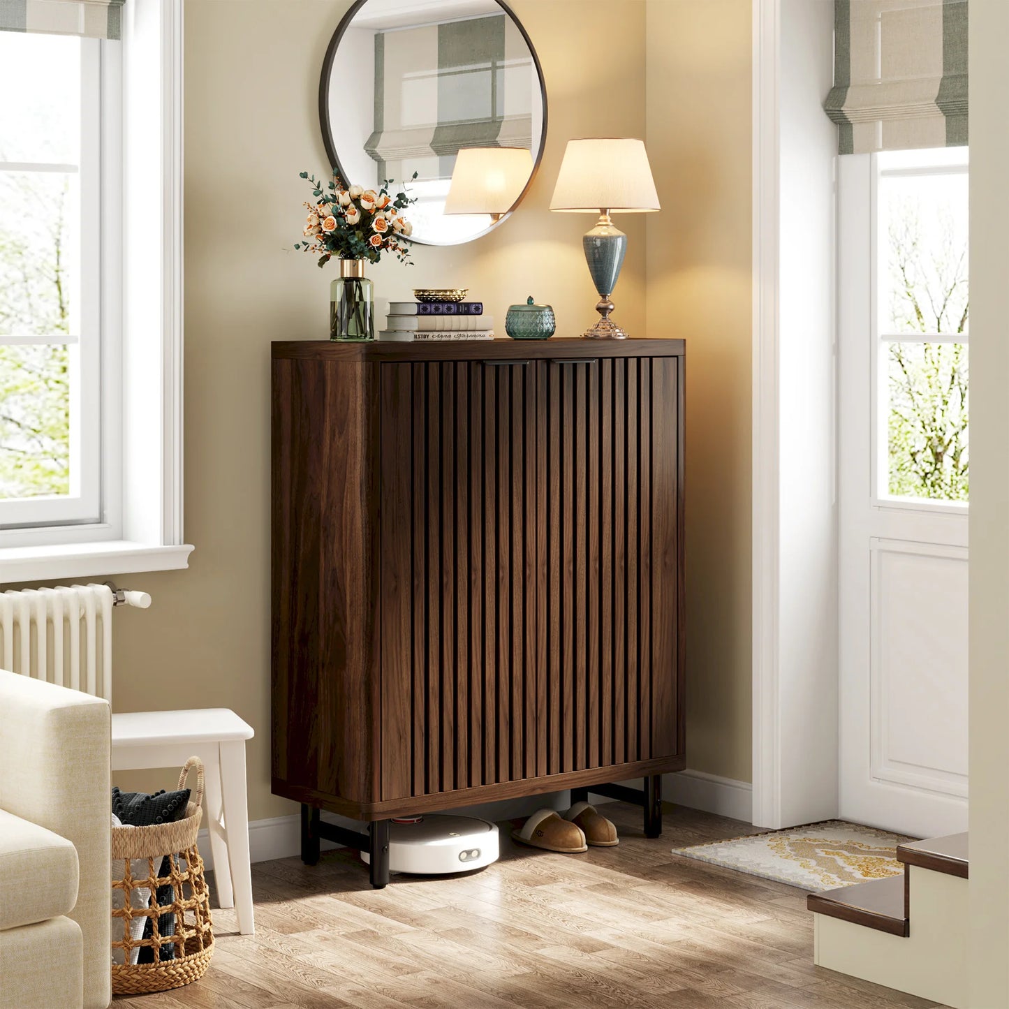 MonoWood 6-Tier Shoe Cabinet with Louvered Doors, Large Wooden Shoe Storage Cabinet with Adjustable Shelves