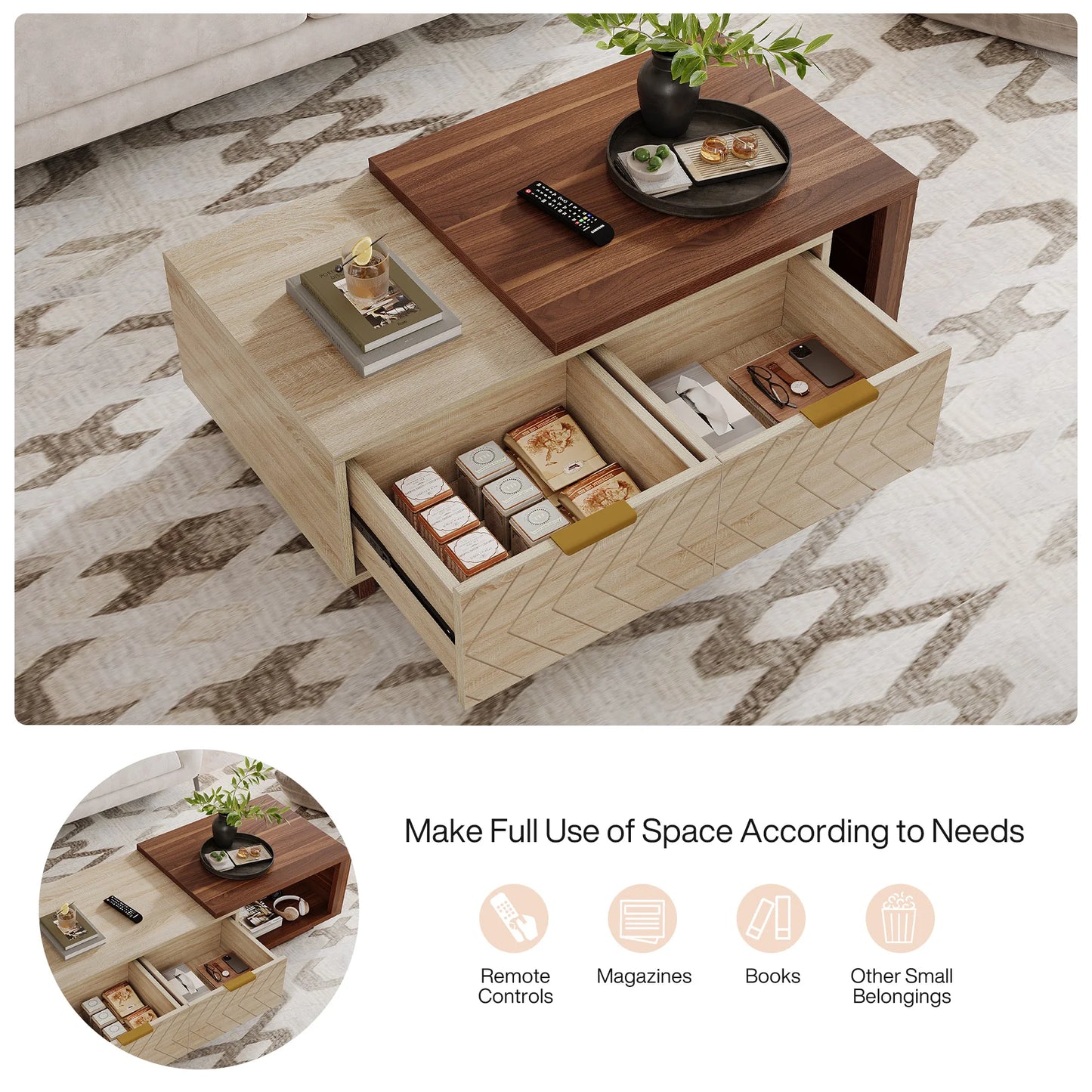 MonoWood Extendable Coffee Table, 42"-65" Length Adjustable Reversible Wood Coffee Table with 2 Storage Drawers