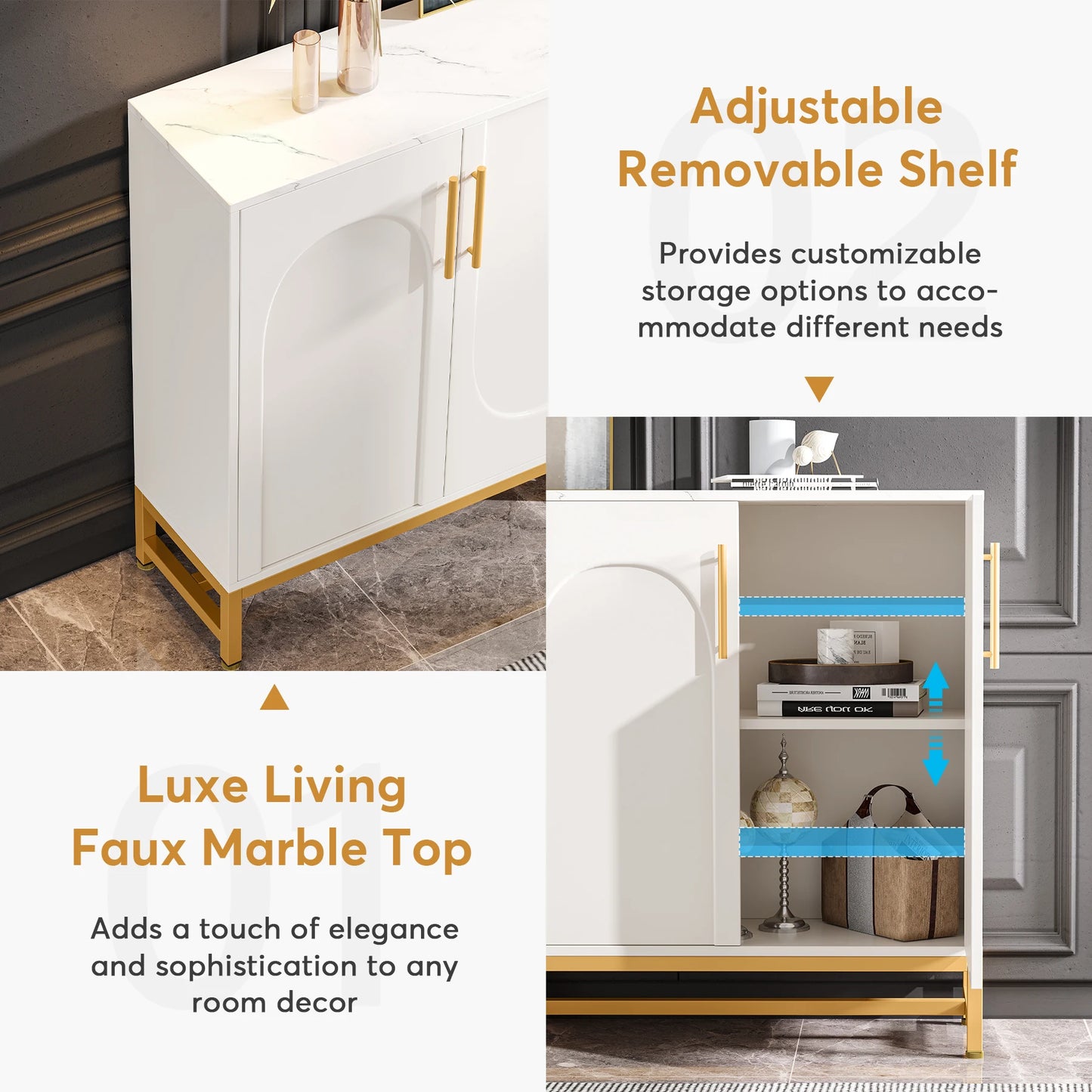 MonoWood Modern Sideboards, Buffet Cabinet with 4 Doors and Adjustable Shelves (White)