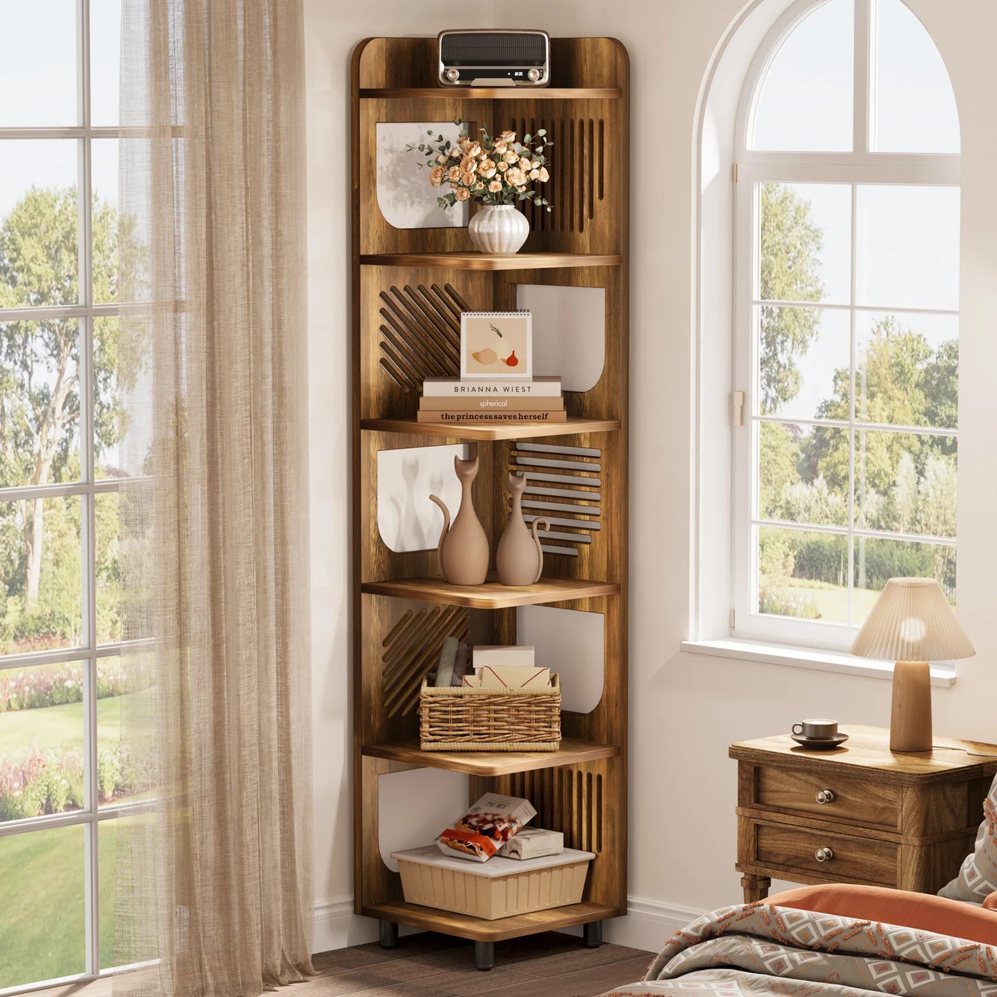 MonoWood 6-Tier Tall Corner Shelf, 71-Inch Rustic Narrow Corner Bookshelf Bookcase with Square Rack, Freestanding Corner Shelf