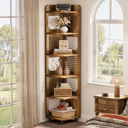 MonoWood 6-Tier Tall Corner Shelf, 71-Inch Rustic Narrow Corner Bookshelf Bookcase with Square Rack, Freestanding Corner Shelf