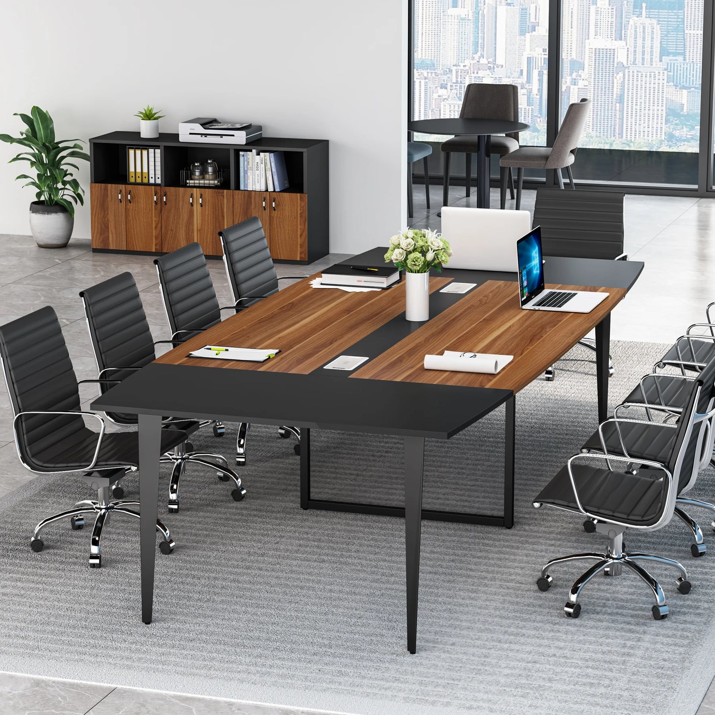 MonoWood 8FT Conference Table, 94.48L x 47.24W x 29.52H Inches Boat Shaped Meeting Table with Rectangle Grommet