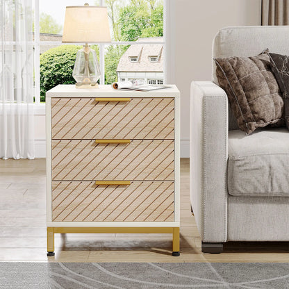 MonoWood Night Stands for Bedrooms, White and Gold Light Wood Grain Nightstands with 3 Drawers Bedside Tables