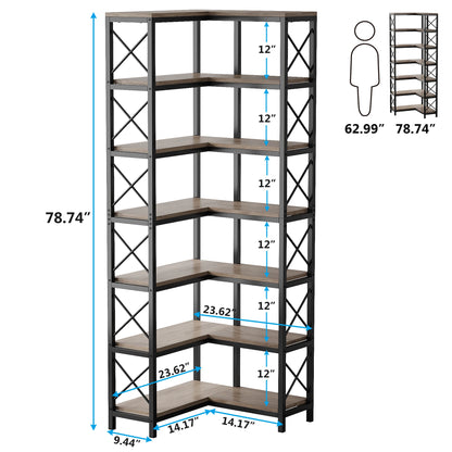 MonoWood 7-Shelf Corner Bookshelf,Large Modern Corner Bookcase, 7-Tier Tall Corner Shelf Storage Display Rack with Metal Frame