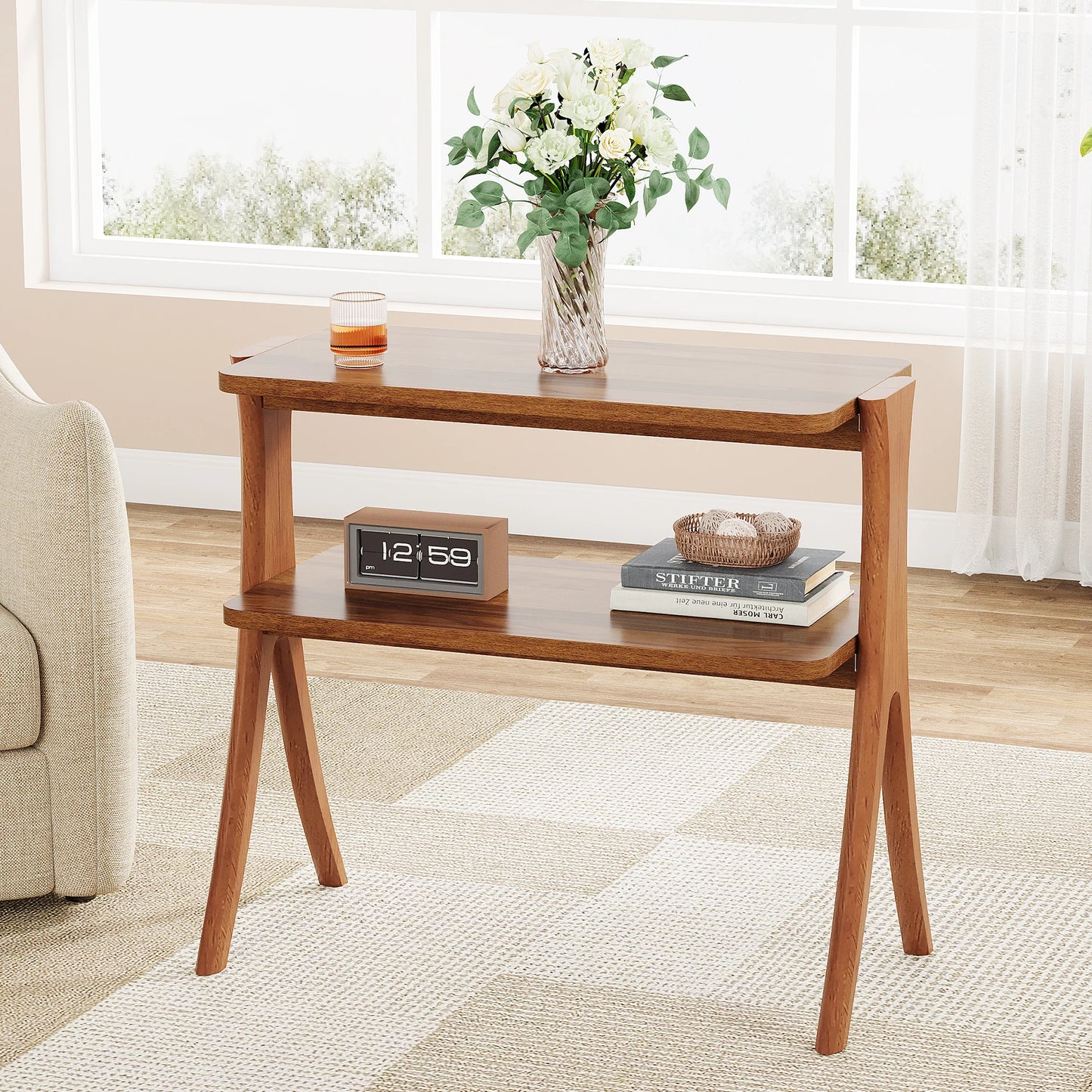 MonoWood Walnut Side Table for Living Room, Narrow End Table with 2-Tier Storage Shelf and Solid Wood Legs, Slim Bedside Table