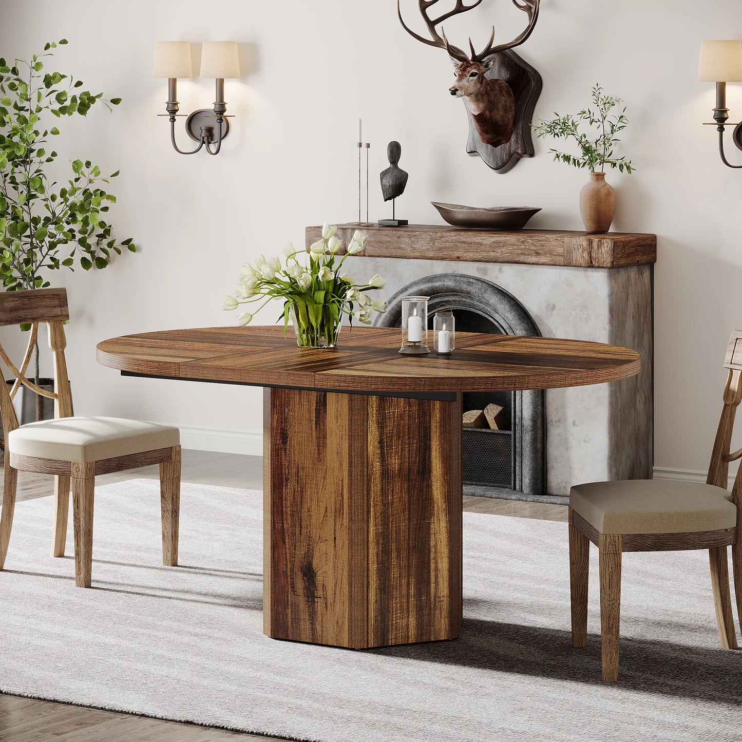 MonoWood 55.12 Inches 140cm Oval Dining Table, Rustic Wood Conference Meeting Room Table for 4-6 People, Small Seminar Table