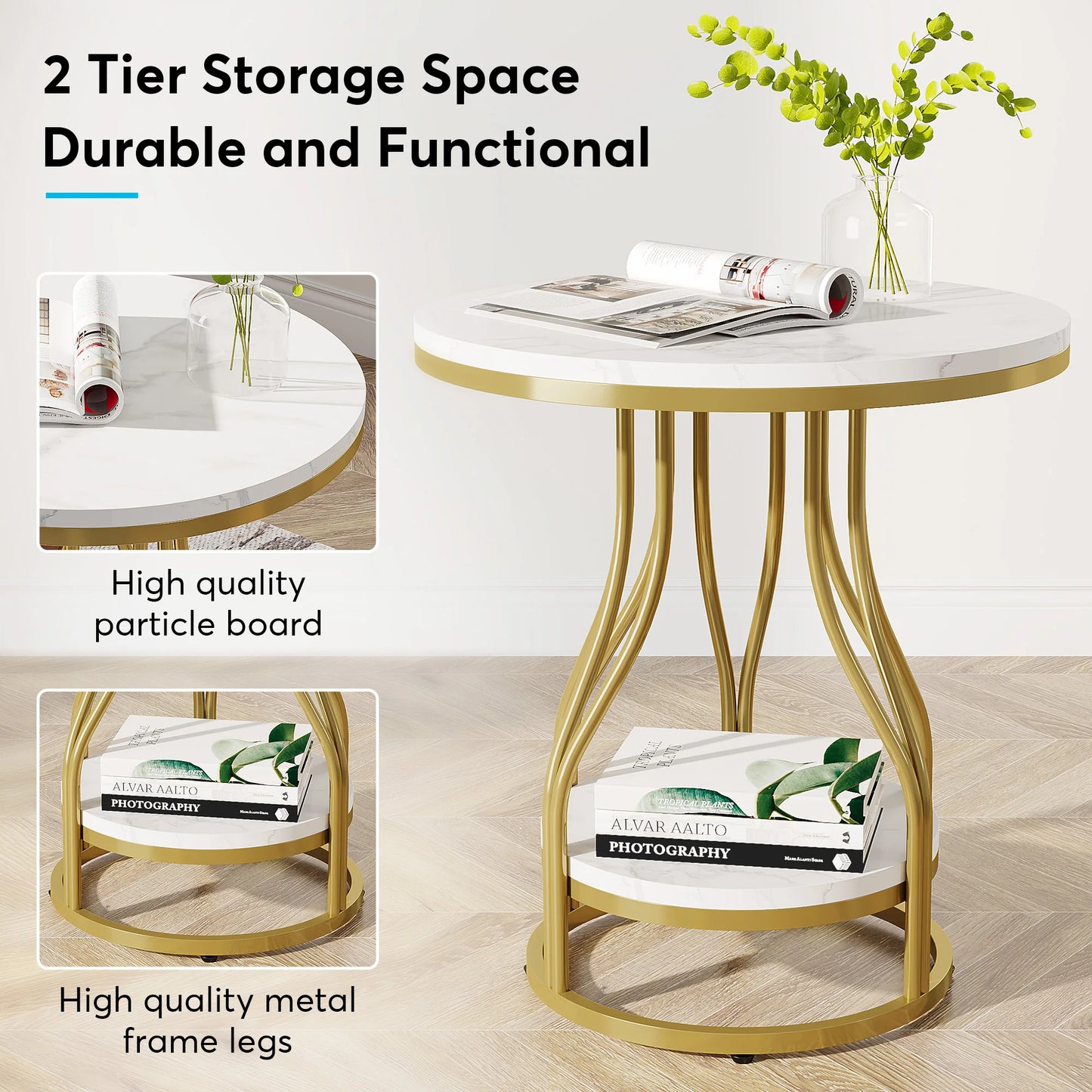MonoWood 2-Tier End Table Round Side Table White Gold, Modern Bedside Table Small Side Table with Storage for Couch
