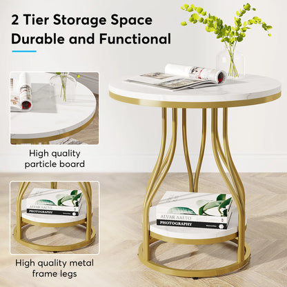 MonoWood 2-Tier End Table Round Side Table White Gold, Modern Bedside Table Small Side Table with Storage for Couch