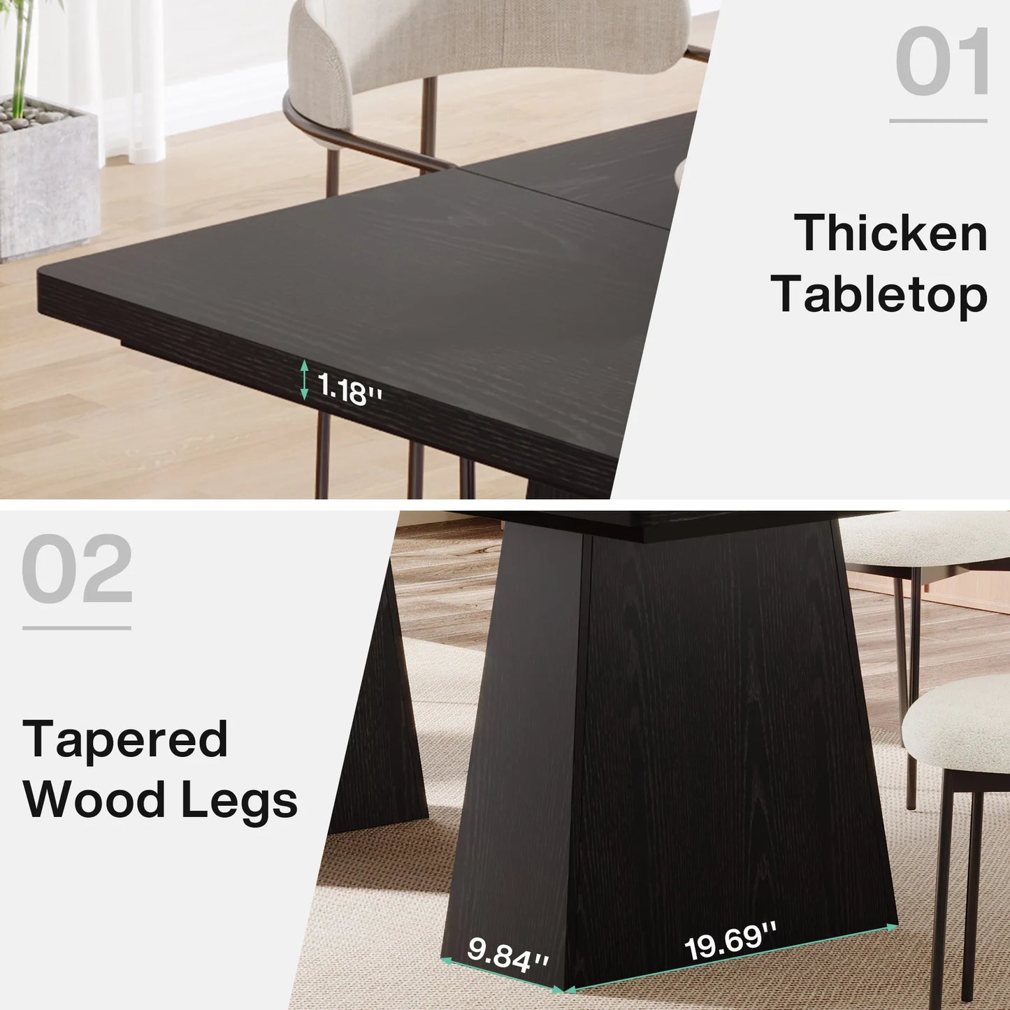 MonoWood 63-Inch Black Dining Table for 4-6, Modern Kitchen Table with Sturdy Tapered Wood Legs, Rectangular Dinner Table
