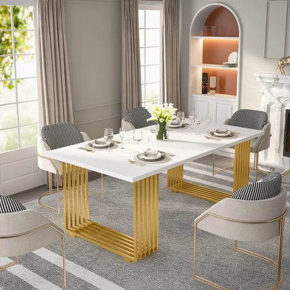 MonoWood 70.9" Modern Office Desk, Wooden Computer Desk, White Executive Desk with Gold Metal Legs, Small Conference Table