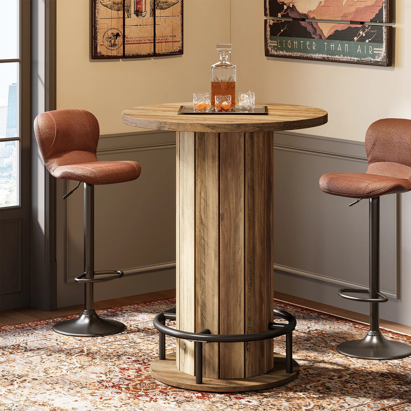 MonoWood Round Bar Table, 39.4" H Wood Bistro Pub Table with Metal Ring Footrest for Dining Coffee Cocktail Living Room