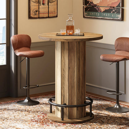 MonoWood Round Bar Table, 39.4" H Wood Bistro Pub Table with Metal Ring Footrest for Dining Coffee Cocktail Living Room