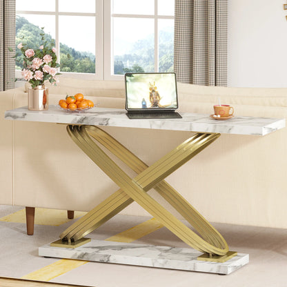 MonoWood 55 Inch Modern Console Table, Faux Marble Gold Entryway Table Behind Sofa Couch, Narrow Rectangular Sofa Table