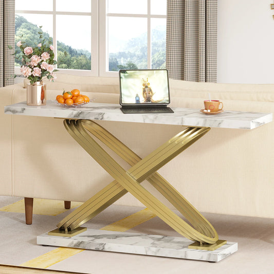 MonoWood 55 Inch Modern Console Table, Faux Marble Gold Entryway Table Behind Sofa Couch, Narrow Rectangular Sofa Table