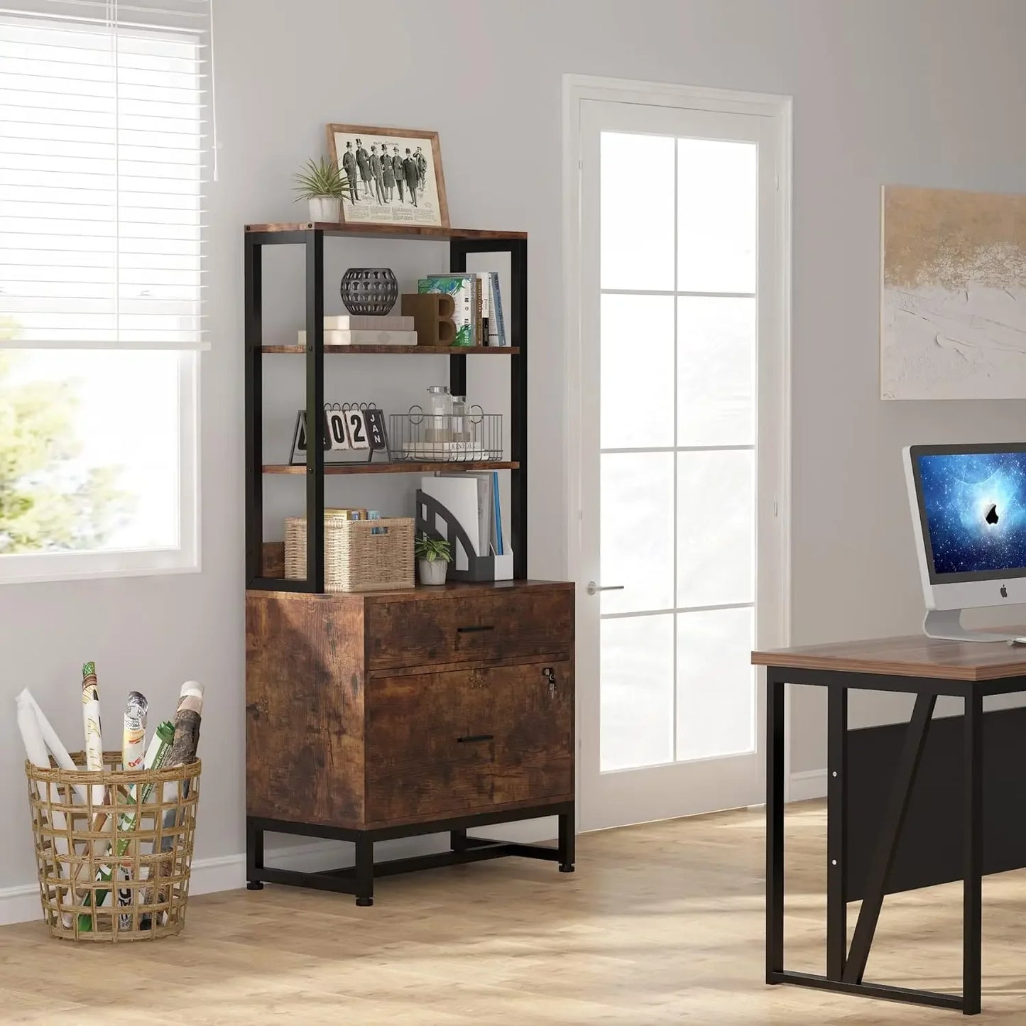 MonoWood 2 Drawer Vertical File Cabinet with Lock & Bookshelf Large Modern Filing Cabinet Printer Stand