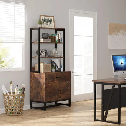 MonoWood 2 Drawer Vertical File Cabinet with Lock & Bookshelf Large Modern Filing Cabinet Printer Stand