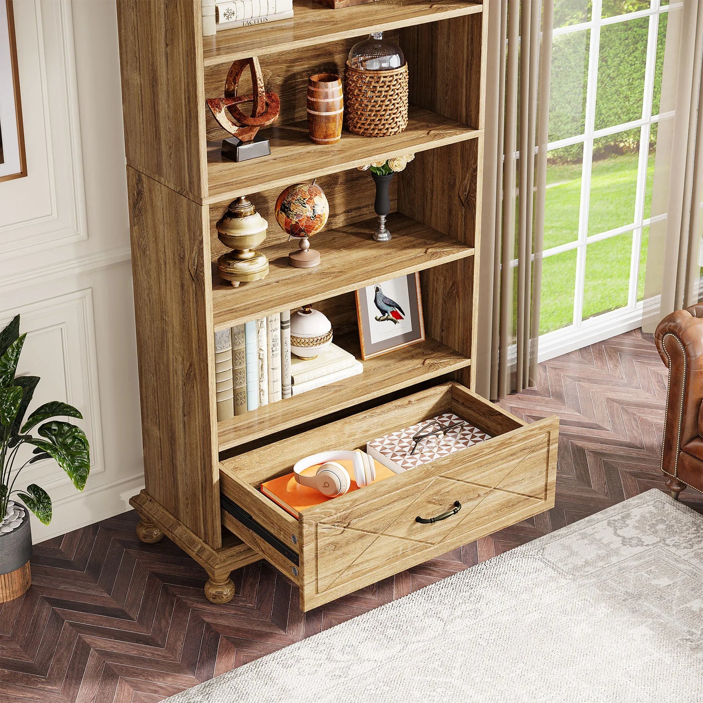 MonoWood 6-Shelf Bookcase with Drawer, 71 Inch Tall Floor Standing Bookshelf with Solid Wood Legs, 6-Tier Large Open Display