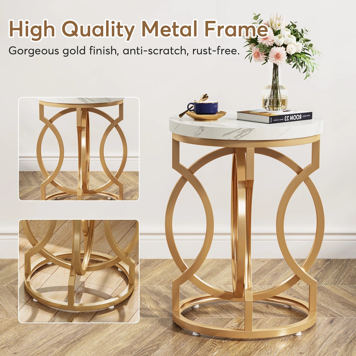 MonoWood Modern Round End Table with Thick Wood Top, 20“ Side Table Cocktail Table with Unique O-Shaped Base