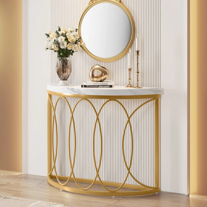 MonoWood Half Moon Gold Console Table, 43" Modern Entryway Table, Narrow Semi Circle Sofa Table with Geometric Metal Frame