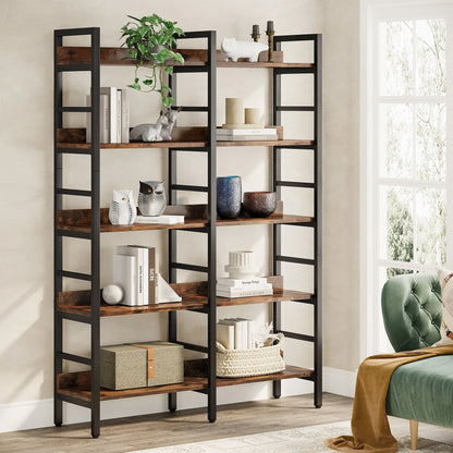 MonoWood 5-Tier Industrial Bookshelf, 71”H x 47”W Etagere Bookcase, Freestanding Double Wide Book Shelf for Storage