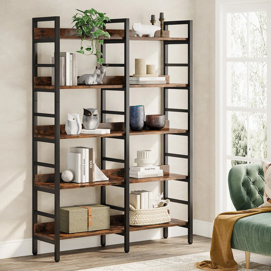 MonoWood 5-Tier Industrial Bookshelf, 71”H x 47”W Etagere Bookcase, Freestanding Double Wide Book Shelf for Storage