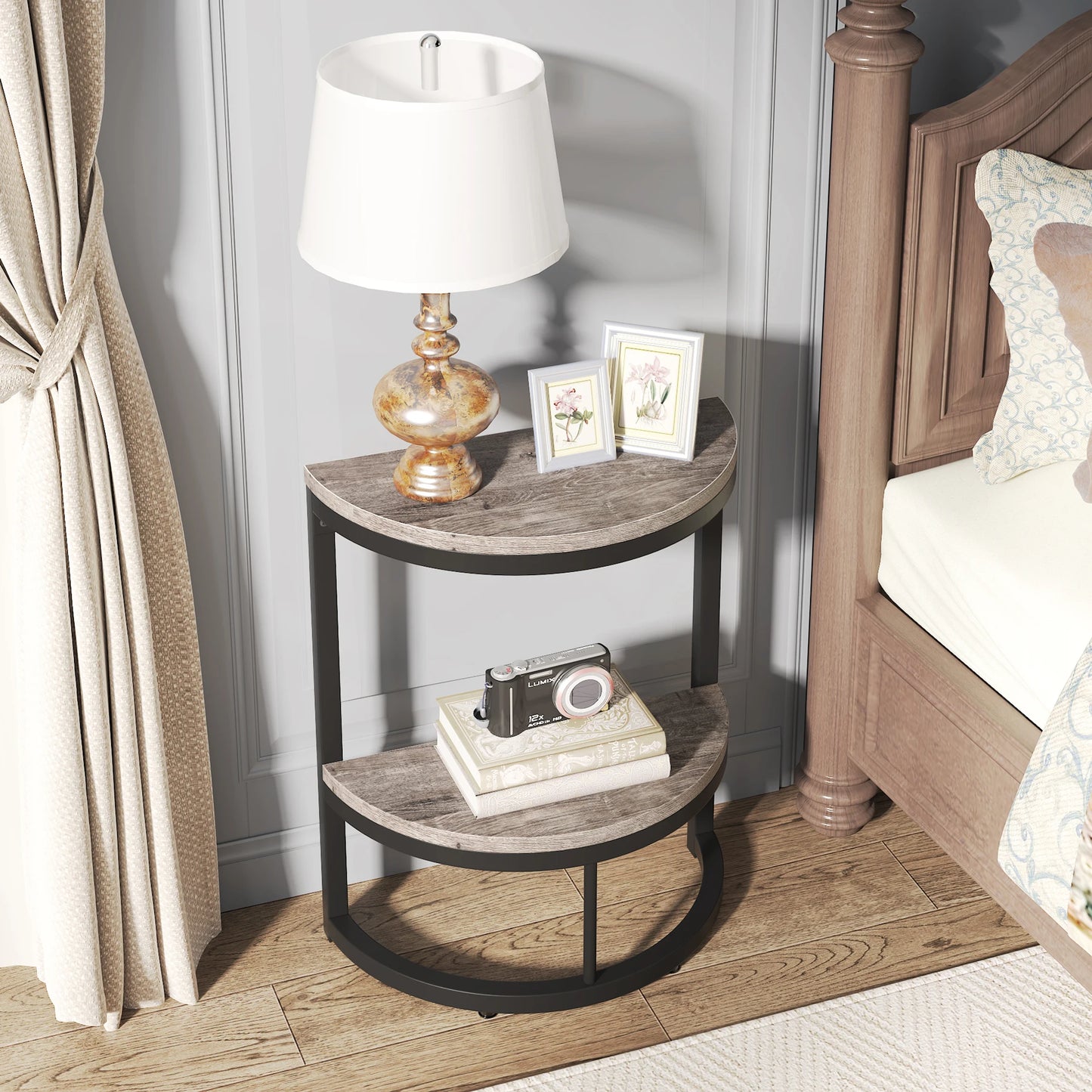 MonoWood End Table Semi Circle, Small Half Round Side Table with Storage Shelf, Accent Table Slim C Table for Sofa Couch