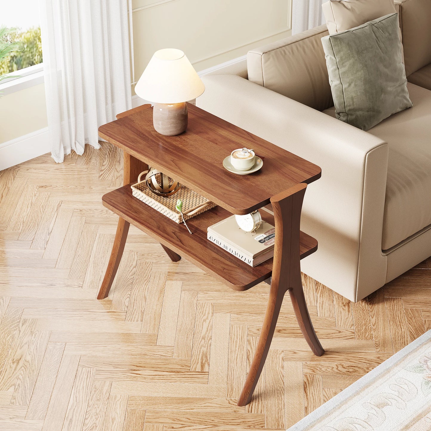 MonoWood Walnut Side Table for Living Room, Narrow End Table with 2-Tier Storage Shelf and Solid Wood Legs, Slim Bedside Table