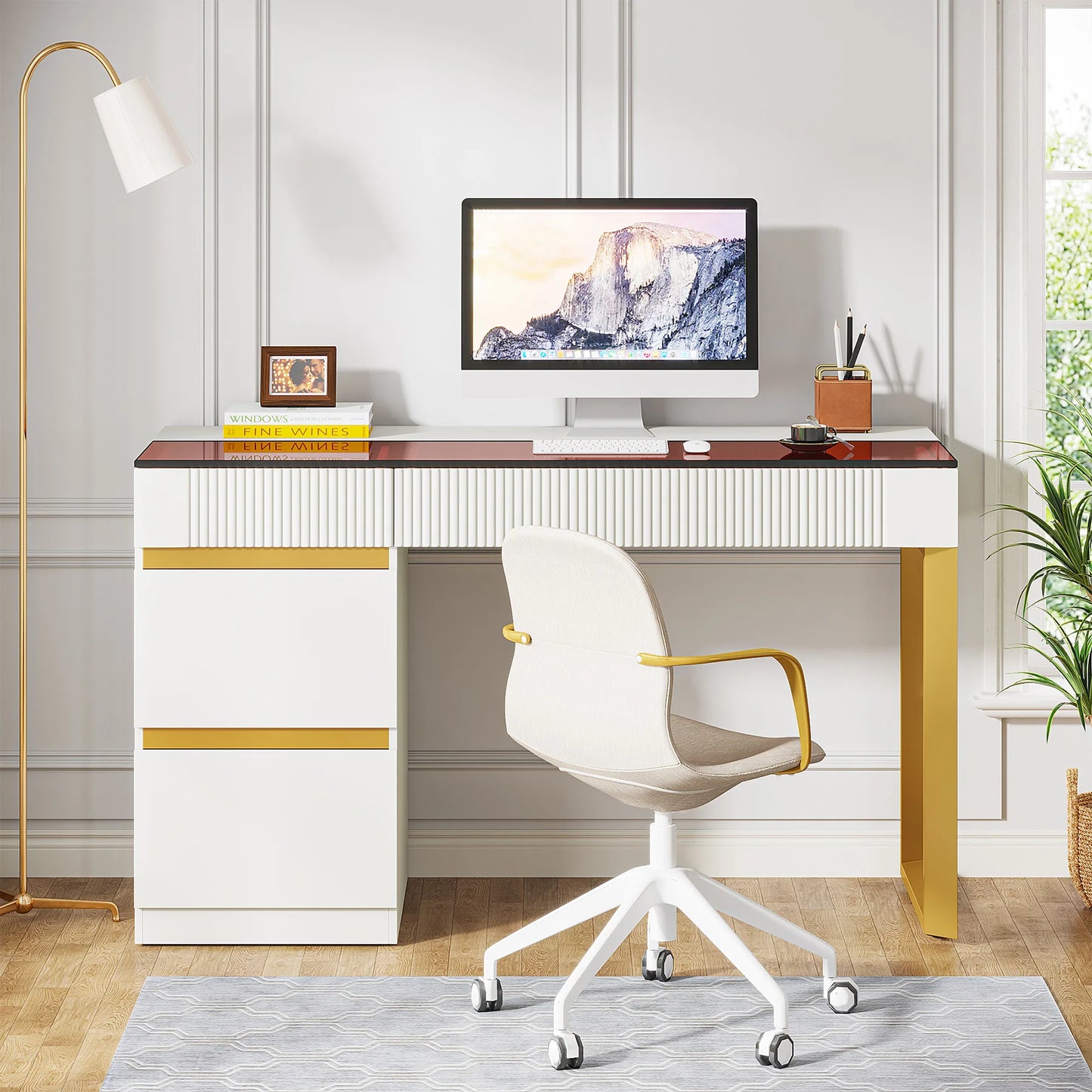 MonoWood Computer Desk with 4 Drawers, 47 Inch Modern Home Office Desk with Glass Top, White and Gold Writing Workstation Desk