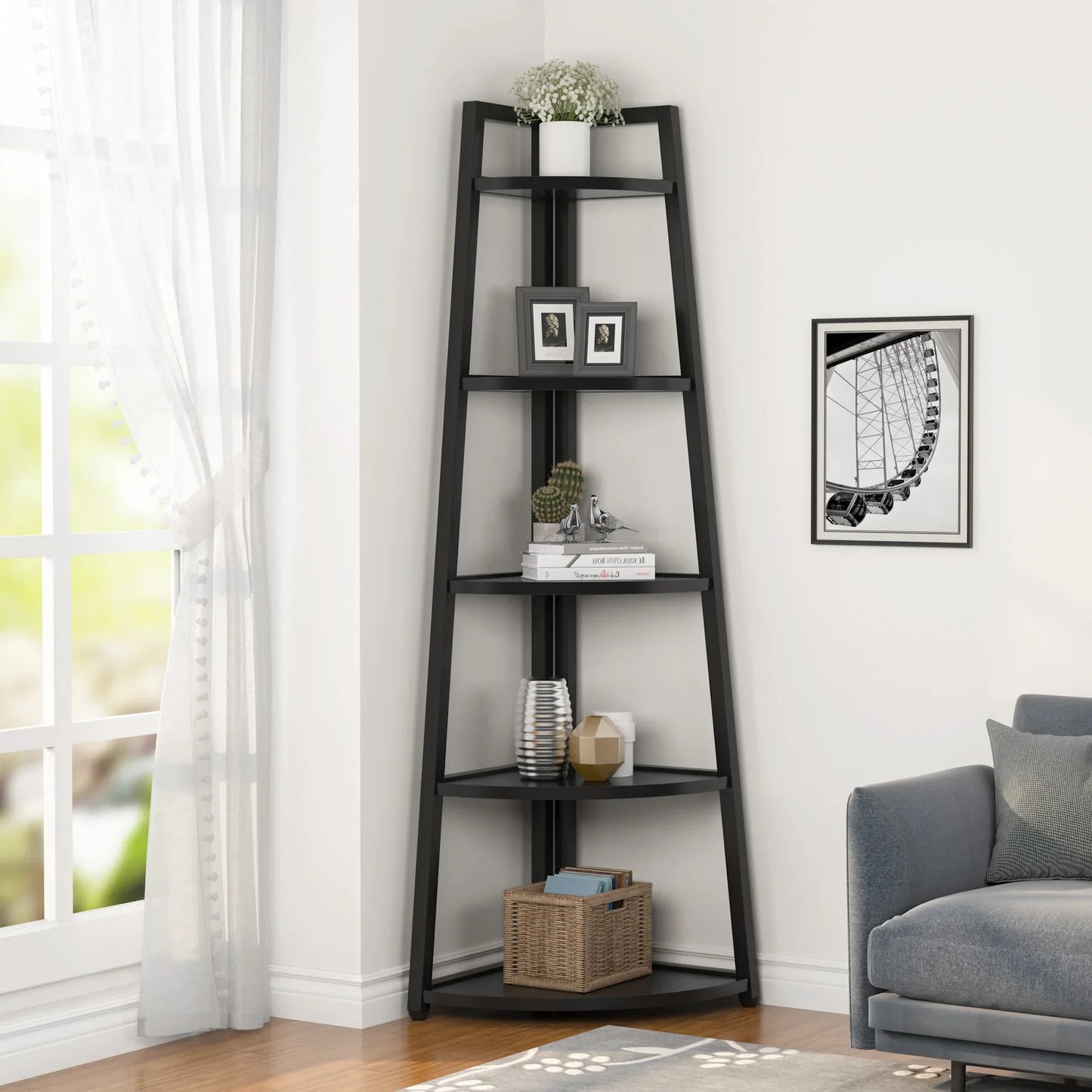 MonoWood 70 inch Tall Corner Shelf, 5 Tier Modern Corner Bookshelf Bookcase Industrial Corner Ladder Shelf Plant Stand
