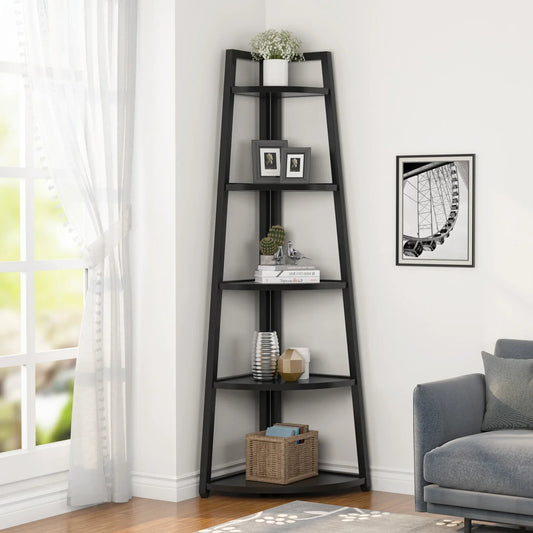 MonoWood 70 inch Tall Corner Shelf, 5 Tier Modern Corner Bookshelf Bookcase Industrial Corner Ladder Shelf Plant Stand