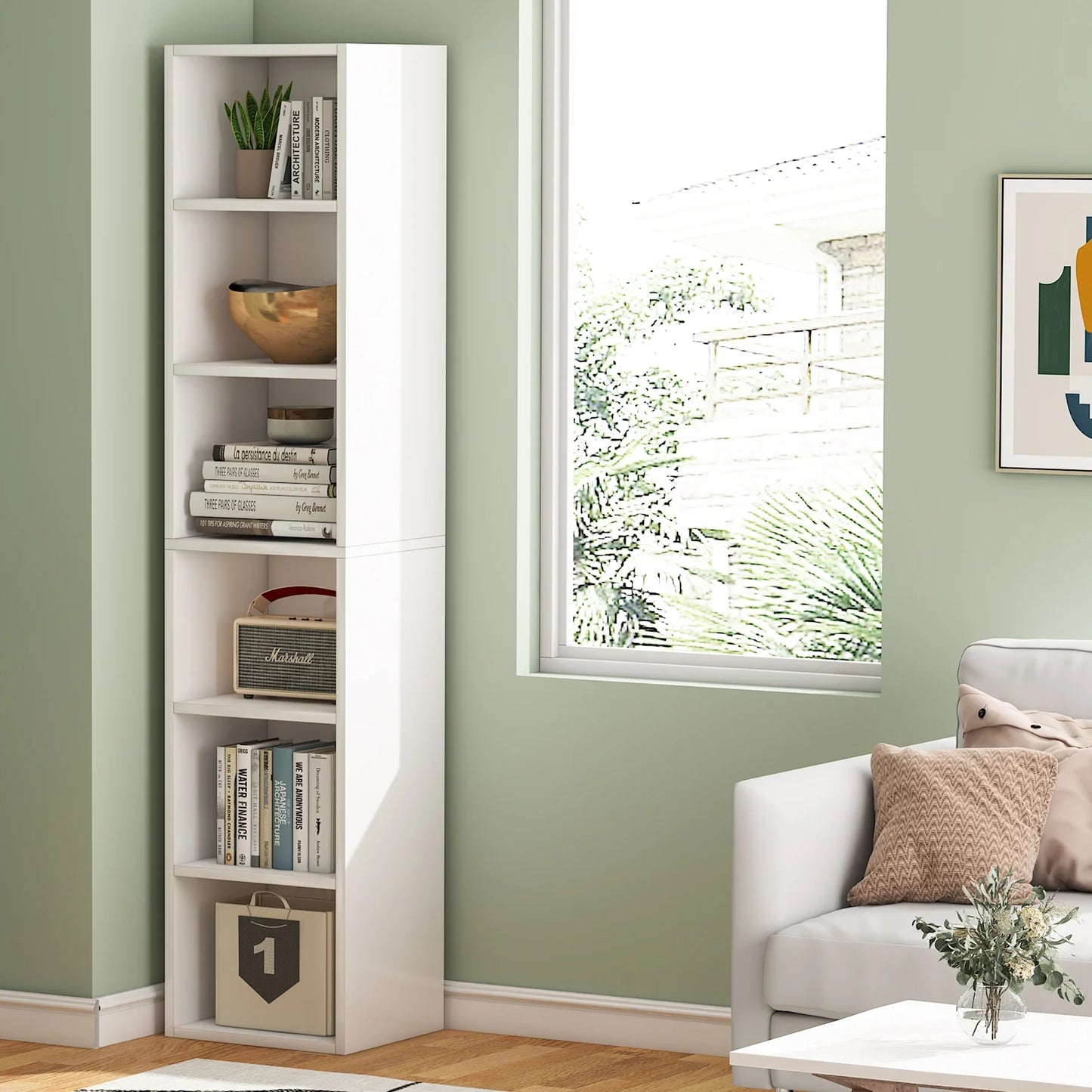 MonoWood 70.9 Inch Tall Narrow Bookcase, Modern White Corner Bookcase with Storage, 6 Tier Cube Display Shelves