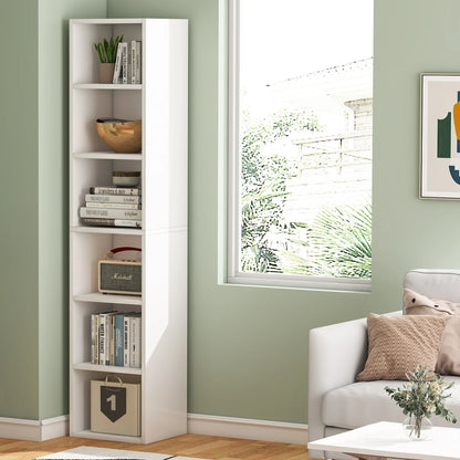 MonoWood 70.9 Inch Tall Narrow Bookcase, Modern White Corner Bookcase with Storage, 6 Tier Cube Display Shelves