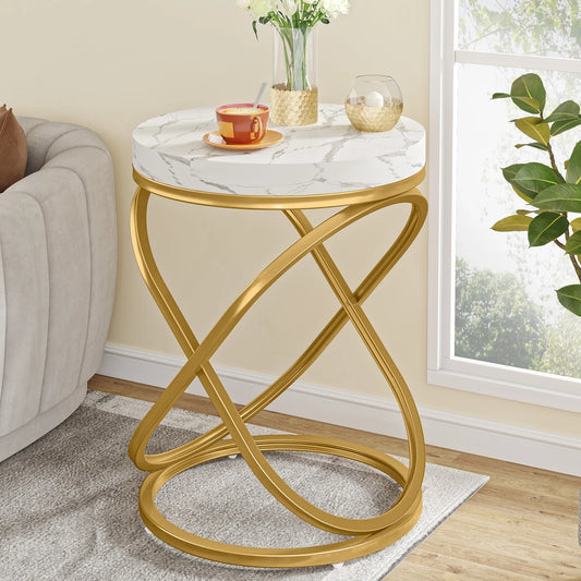 MonoWood 26 Inches White and Gold Faux Marble Top End Tables Living Room, Round Nightstands Sofa Side Table with X-Shaped