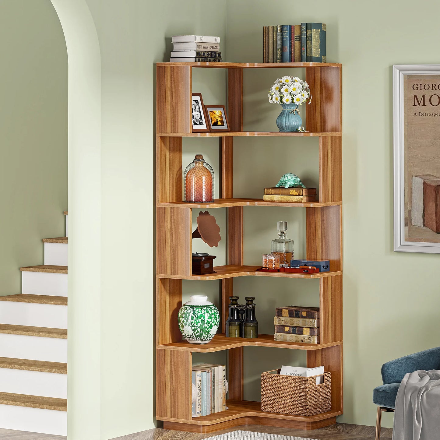 MonoWood 6 Tier Corner Bookshelf, 64.96 Inch Tall Industrial Corner Bookcase with Anti-Drop Panel,Wood Grain Corner Shelf
