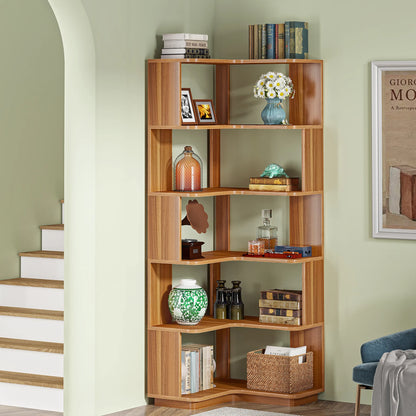 MonoWood 6 Tier Corner Bookshelf, 64.96 Inch Tall Industrial Corner Bookcase with Anti-Drop Panel,Wood Grain Corner Shelf